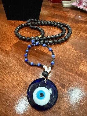 Evil Eye Glass Pendant Necklace with Black and Blue Beads